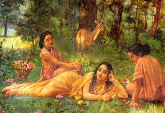 Shakuntala Pines for King Dushyanta, With Priyamvada and Anusuya (Raja Ravi Varma)