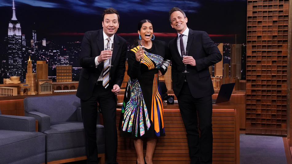 Jimmy Fallon, Lilly Singh, and Seth Meyers (left to right), announcing Singh's late night show
