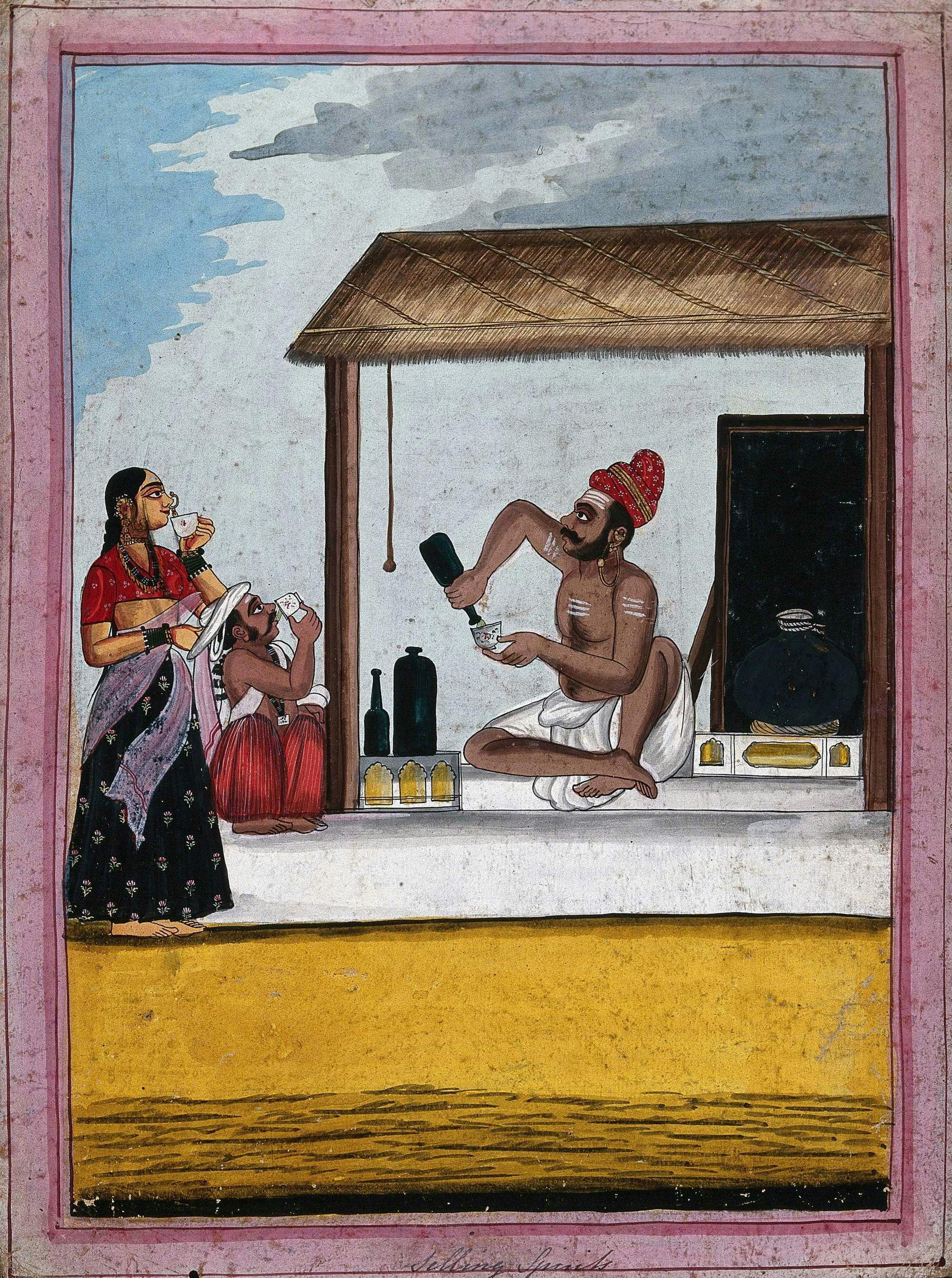 An Indian man selling alcohol to a couple. Gouache drawing (Wikimedia)