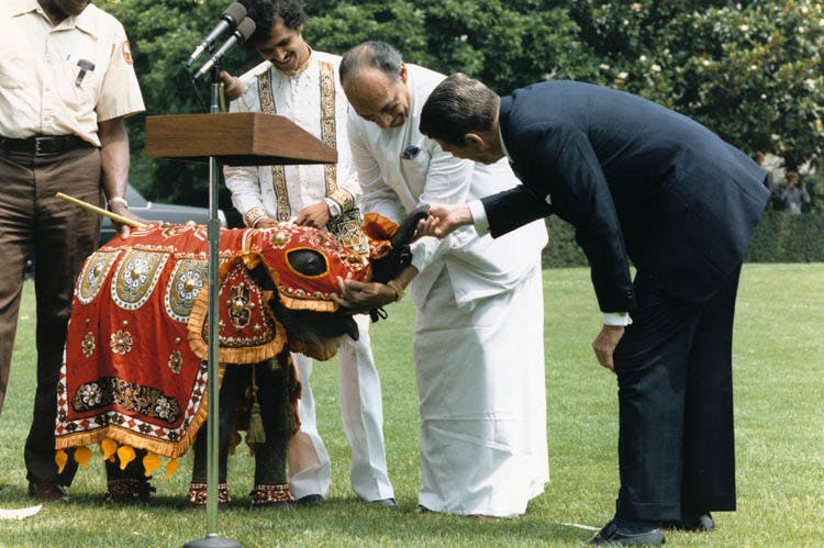 J.R. Jayewardene, who has been both Sri Lanka's prime minister and president, presents an elephant to Ronald Reagan. (Wikpedia, 1984)
