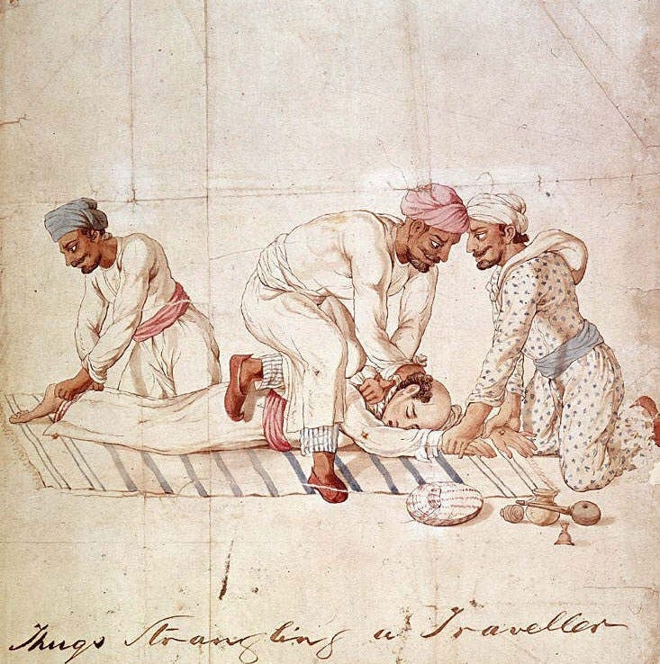 A groups of thugs strangling a traveller on a highway in India in the early 19th century. Anonymous Indian artist. Made for Capt. James Paton, Assistant to the British Resident at Lucknow, 1829-1840.