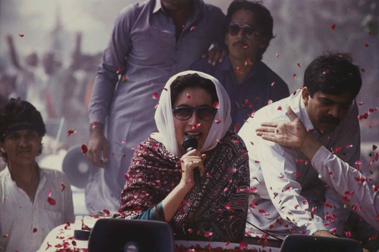 Benazir Bhutto campaigning for the Pakistan People's Party (PPP) the week before general elections, October 15-16, 1990 (Derek Hudson/Getty Images)