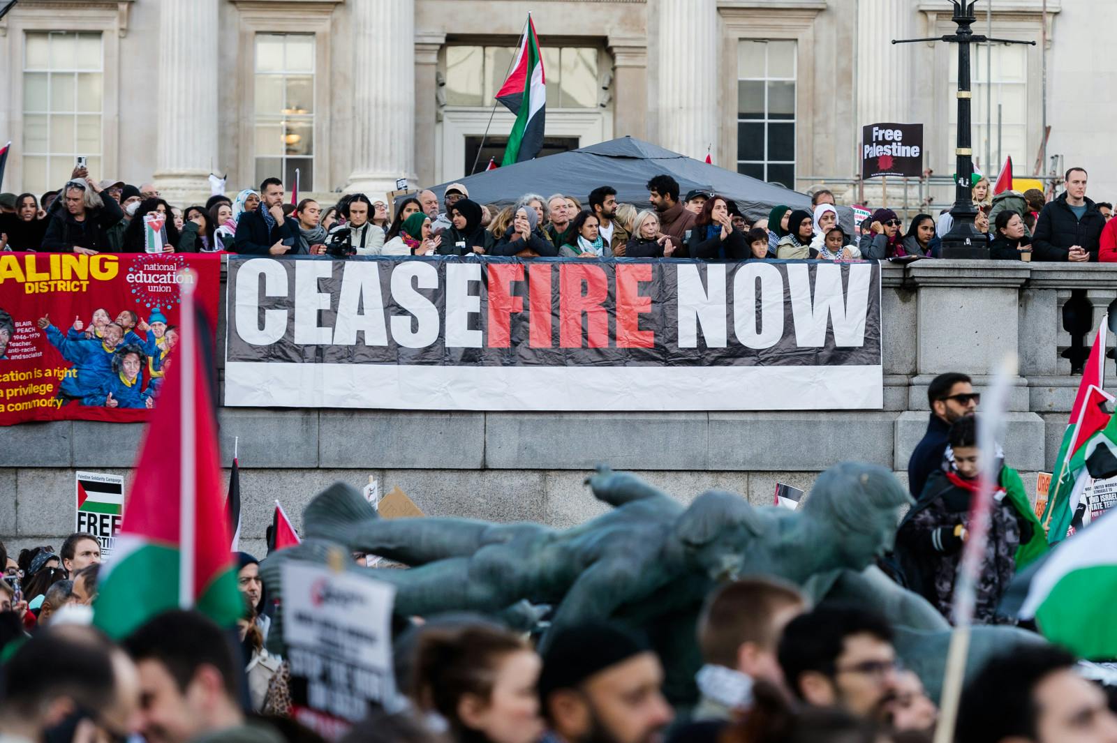 People gather to demonstrate solidarity with the Palestinians and demand an immediate ceasefire at Trafalgar Square in London, U.K. on November 4, 2023 (Wiktor Szymanowicz/Anadolu via Getty Images)