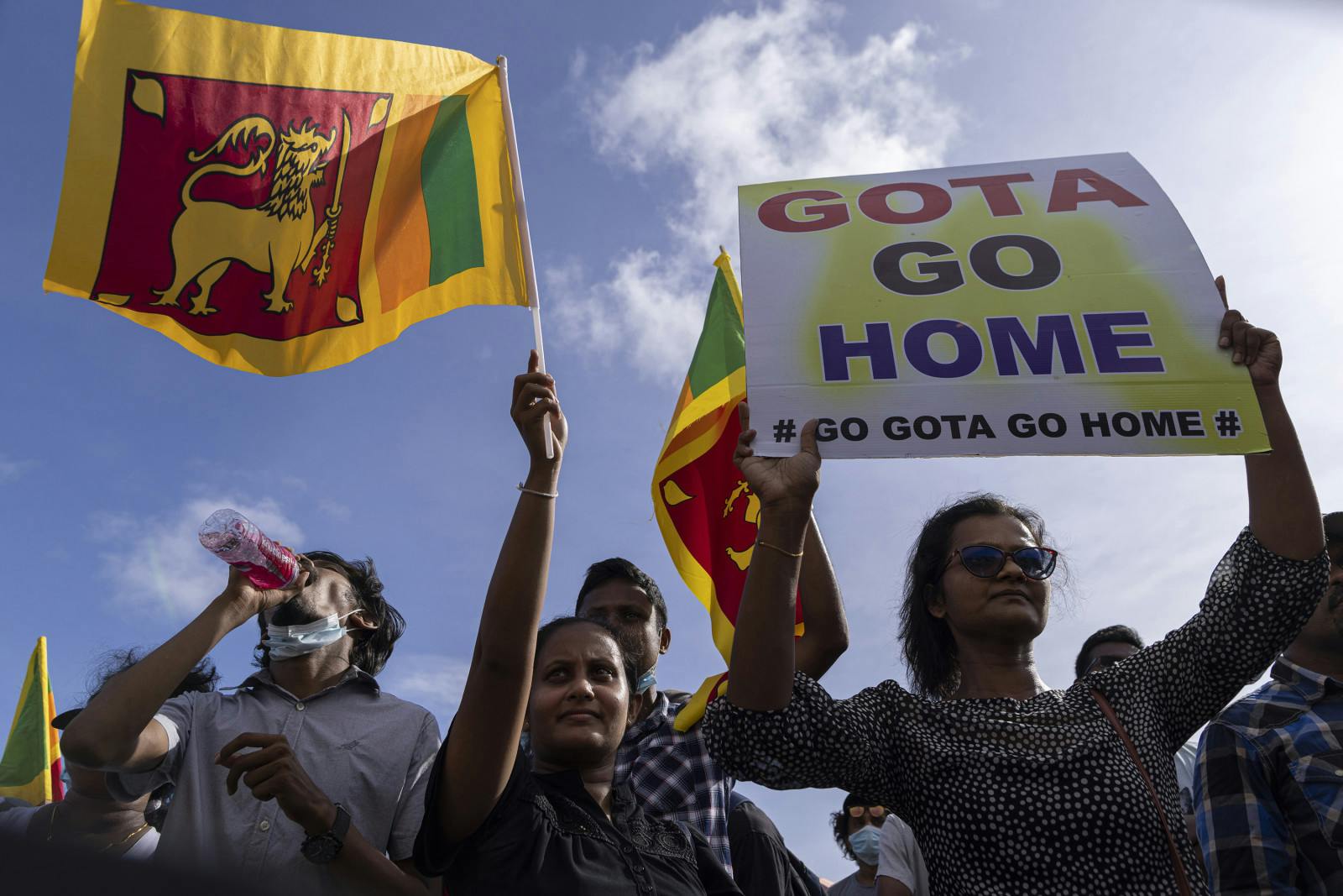 COLOMBO, SRI LANKA - APRIL 23: Demonstrator hold a placard while he takes part in a protest against Sri Lankan President Gotabaya Rajapaksa at protest camp site on April 23, 2022 in Colombo, Sri Lanka (Buddhika Weerasinghe/Getty Images)