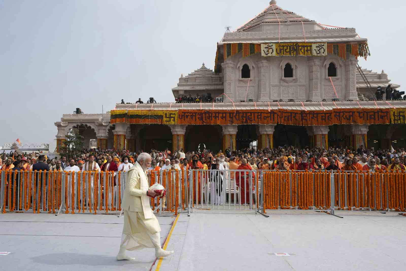 Indian Prime Minister Narendra Modi arrives to lead the opening of a temple dedicated to Lord Ram in Ayodhya, India, Monday, Jan. 22, 2024 (AP Photo/Rajesh Kumar Singh)