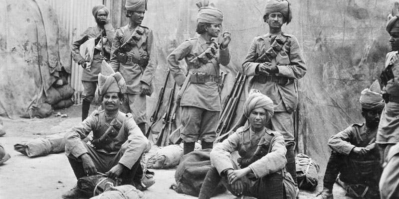 Indian troops wait in base as they prepare to leave, during WWI. (Imperial War Museum Archives, London)