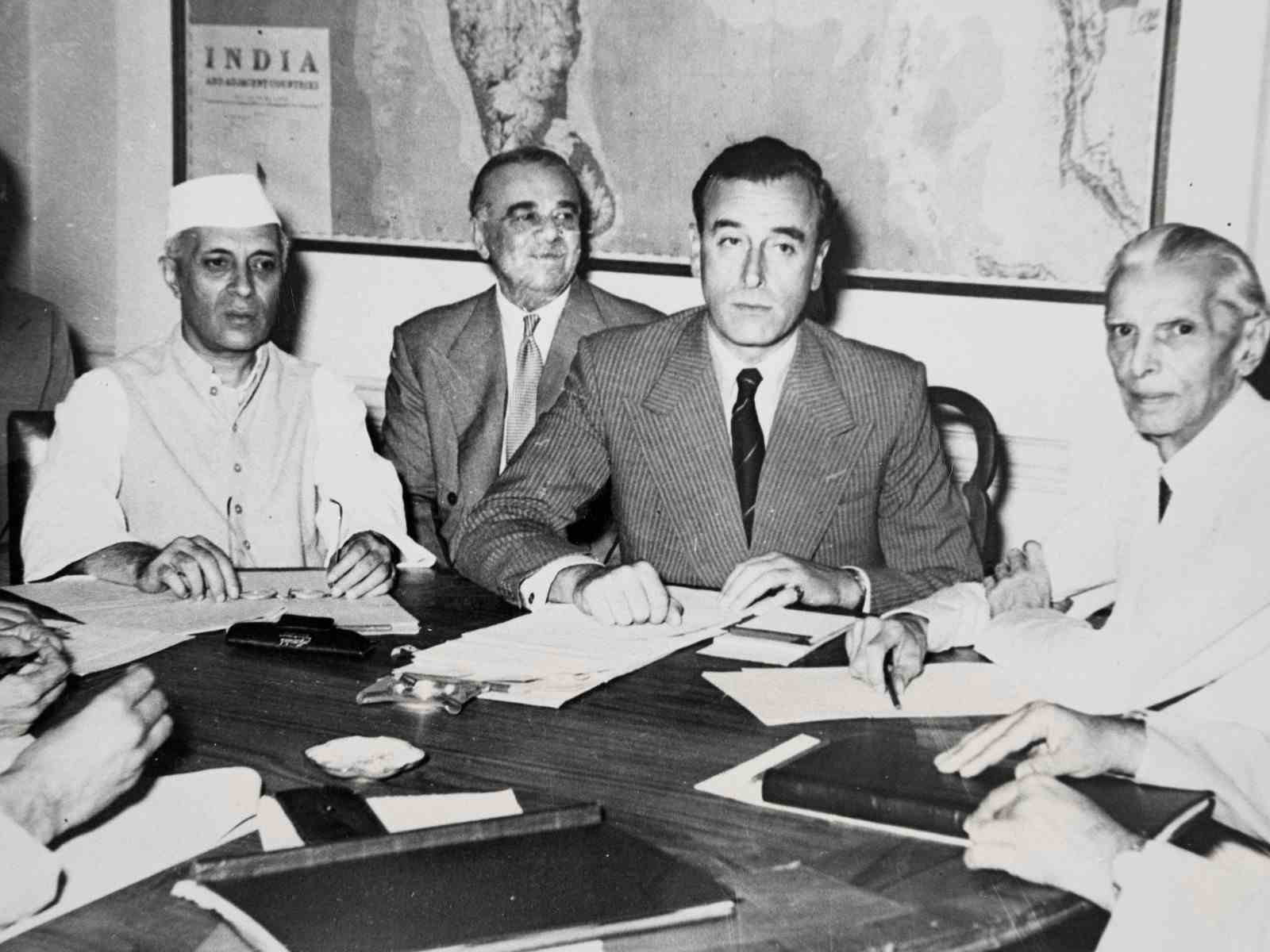 Jawaharlal Nehru, Louis Mountbatten, and Muhammad Ali Jinnah (Indian historical archives)