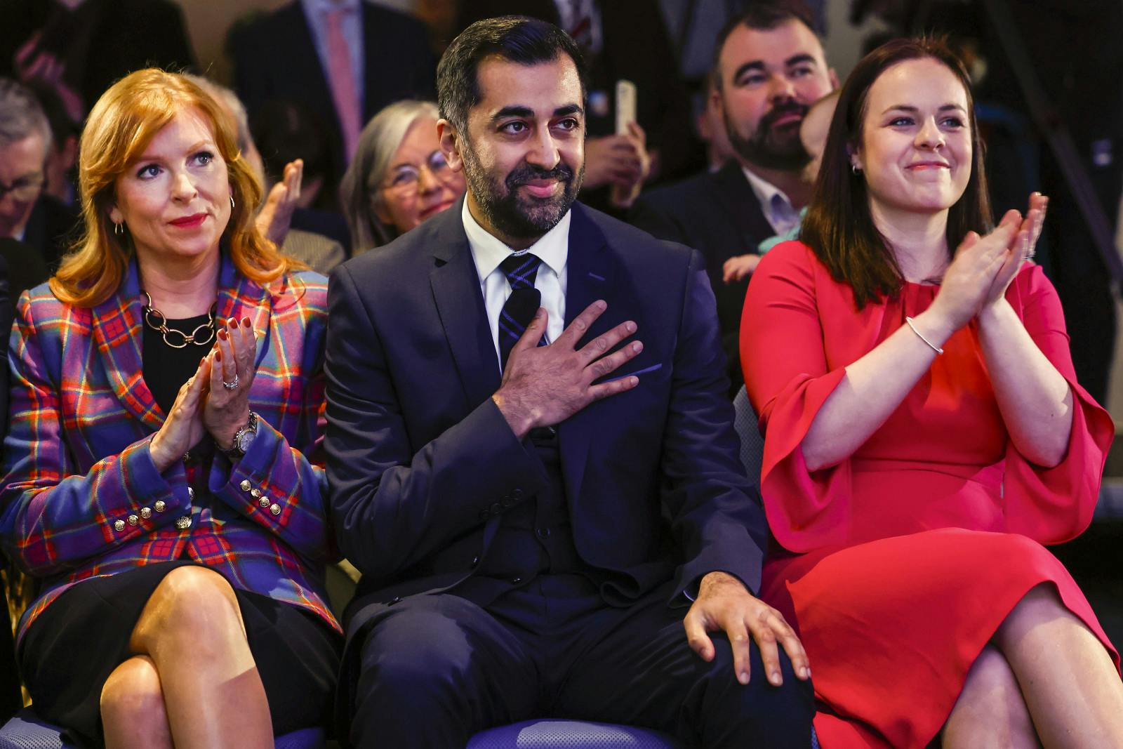 Scotland's Health Minister and SNP MSP, Humza Yousaf (C) reacts as the SNP vote for their new party leader on March 27, 2023 in Edinburgh, Scotland (Jeff J Mitchell/Getty Images)