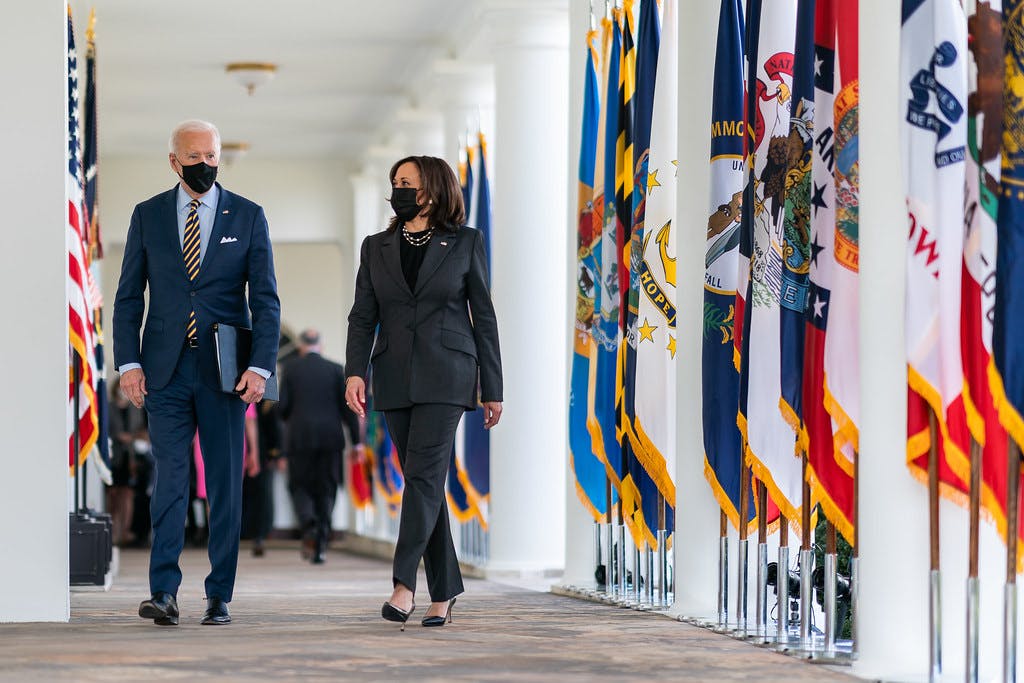 President Joe Biden And Vice President Kamala Harris walk from the Rose Garden of the White House to the Oval Office Friday, March 12, 2021, following their remarks celebrating the passage of the American Rescue Plan. (Official White House Photo by Adam Schultz)