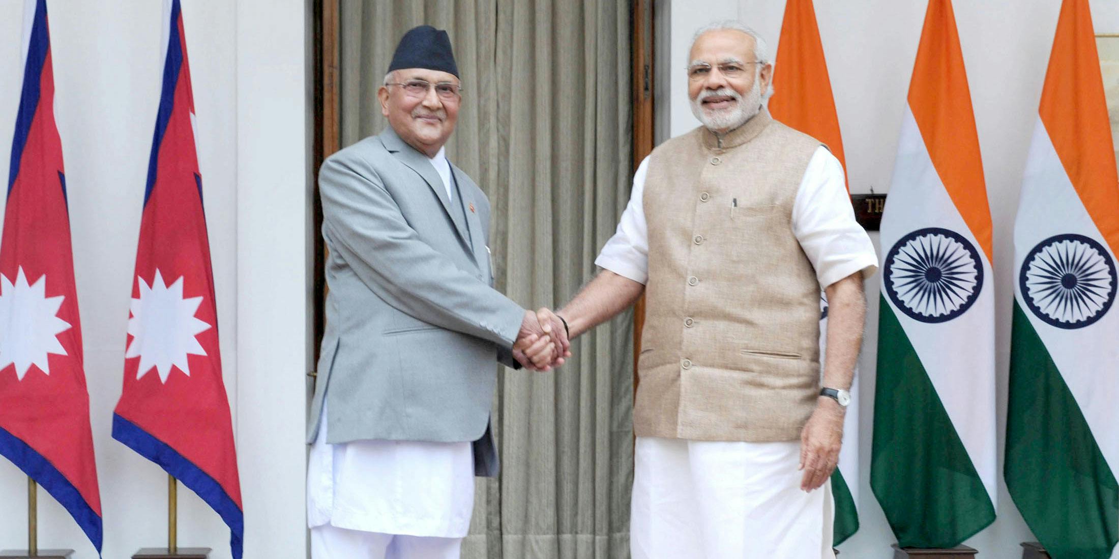 Nepal Prime Minister KP Sharma Oli and Indian Prime Minister Narendra Modi, pictured in New Delhi in 2016. (India Prime Minister’s Office)