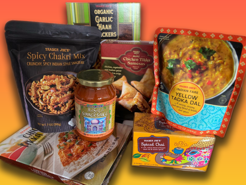 Some Indian products from Trader Joe's private label: organic garlic naan crackers, yellow tadka dal, spiced chai, masala simmer sauce, chicken tikka samosas, and spicy chakri mix.