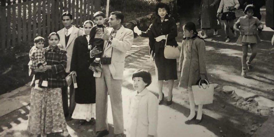 The author’s paternal grandfather, grandmother, father, and friends, on a weekend excursion to a temple site in the Kansai area of Japan. (Jhaveri family)