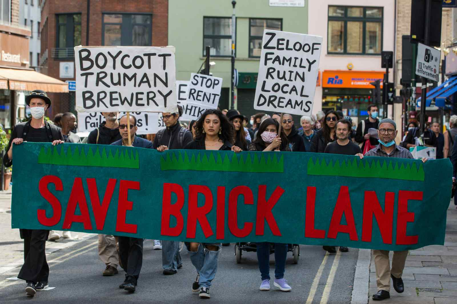 Local residents and supporters of the Save Brick Lane campaign protest against ongoing gentrification on September 12, 2021 in London, U.K. (Mark Kerrison/In Pictures via Getty Images)