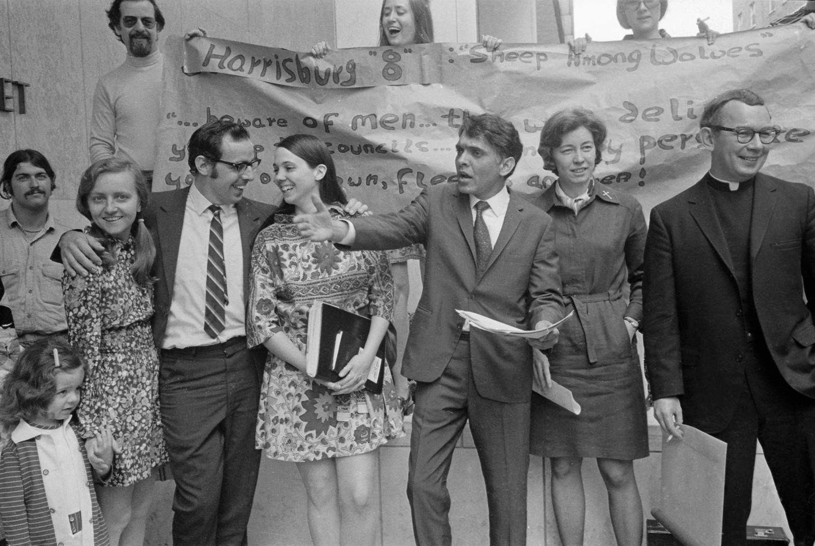 Five of the seven persons indicted on charges of allegedly plotting to kidnap Henry Kissinger and blowing up the underground heating system of federal buildings in Washington (L-R): Mary Scoblick, a former nun and wife of Anthony Scoblick, a former priest: Mrs. Sarah Glick: Eqbal Ahmad, Chicago: Sister Elizabeth McAlister, Tarrytown, N.Y.; Reverend Joseph Wenderoth, Baltimore, MD (Bettmann, Getty)