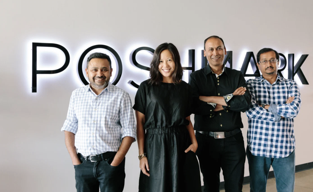 Poshmark leadership team, from left to right: Chetan Pungaliya (Co-Founder, SVP of Engineering), Tracy Sun (Co-Founder, SVP of New Markets), Manish Chandra (Founder and CEO), Gautam Golwala (Co-Founder, CTO) (Image courtesy of Poshmark / Jen Kay)
