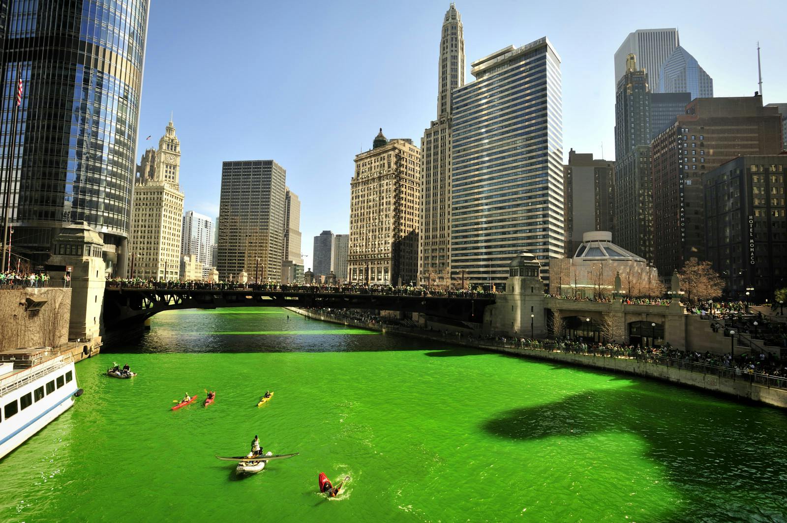 Each year as part of the St. Patrick's Day Parade celebration when the Chicago River turns an incredible shade of Irish green. The Chicago Journeymen Plumbers are responsible and it is a privately funded operation. (Yannick Tylle)